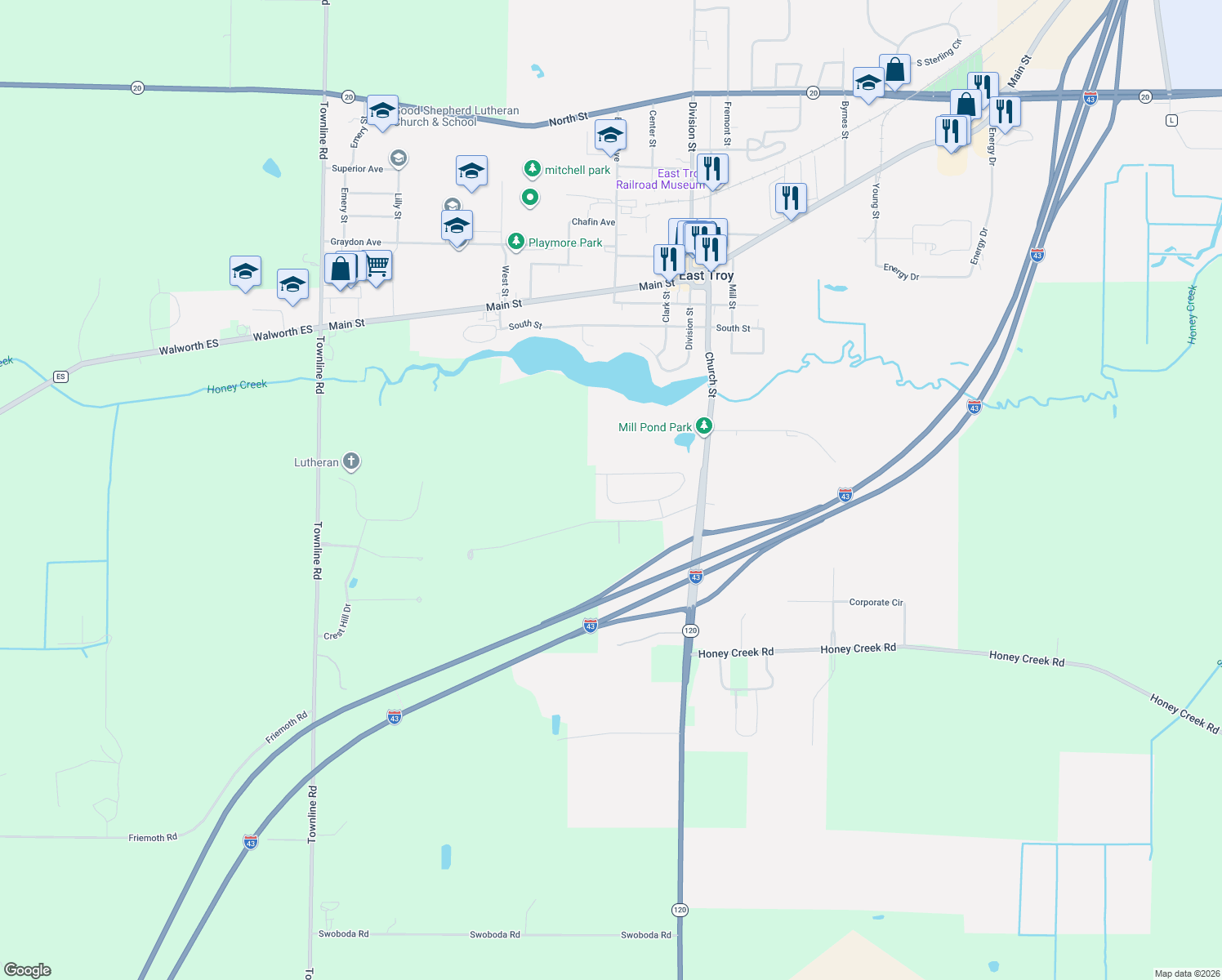 map of restaurants, bars, coffee shops, grocery stores, and more near 2324 Autumn Ln in East Troy