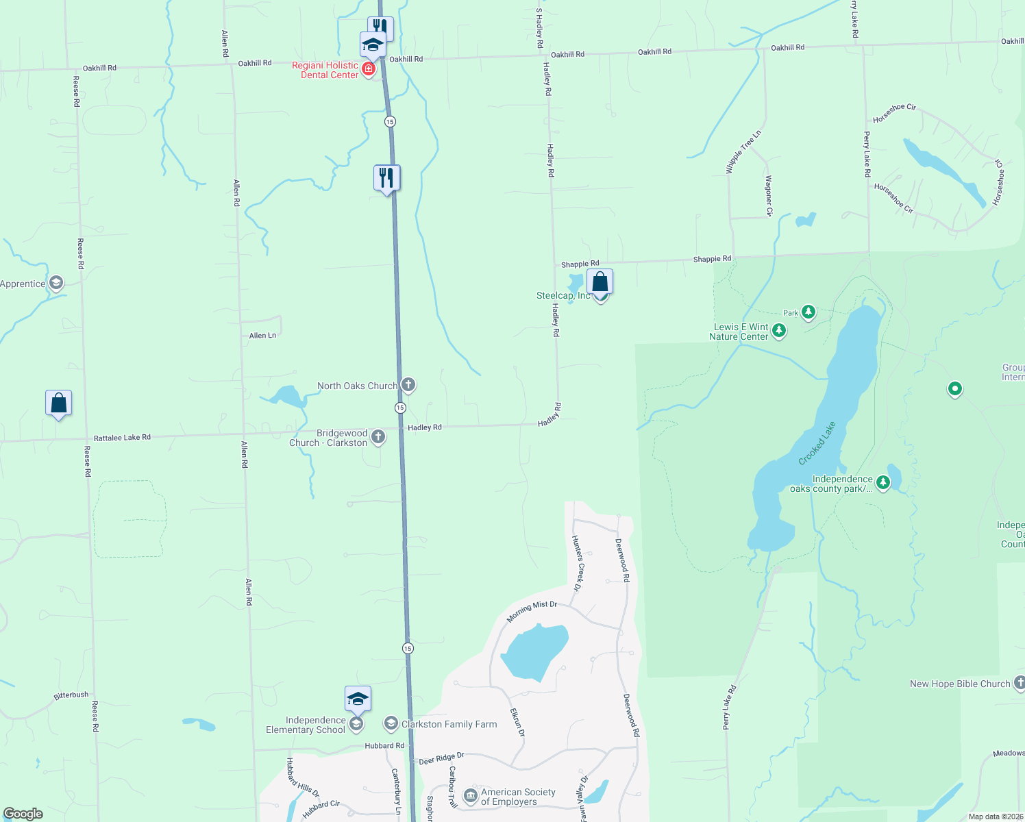 map of restaurants, bars, coffee shops, grocery stores, and more near 9669 Hadley Road in Clarkston