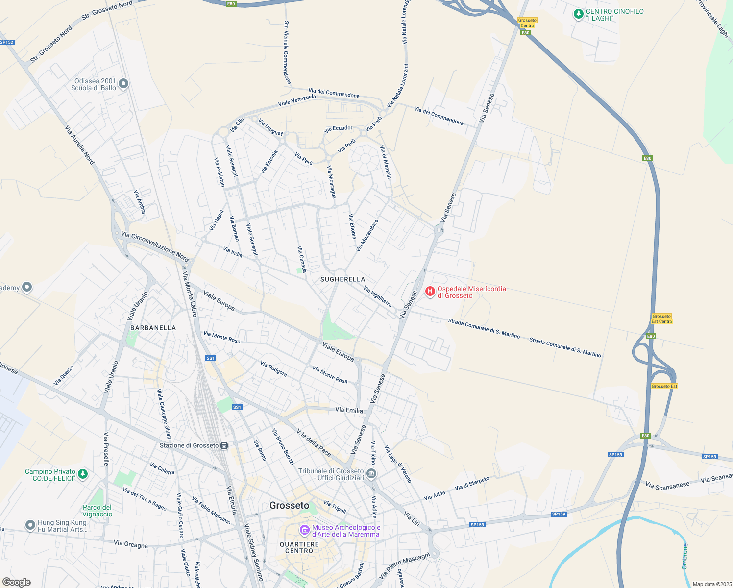 map of restaurants, bars, coffee shops, grocery stores, and more near 42 Via Unione Sovietica in Grosseto