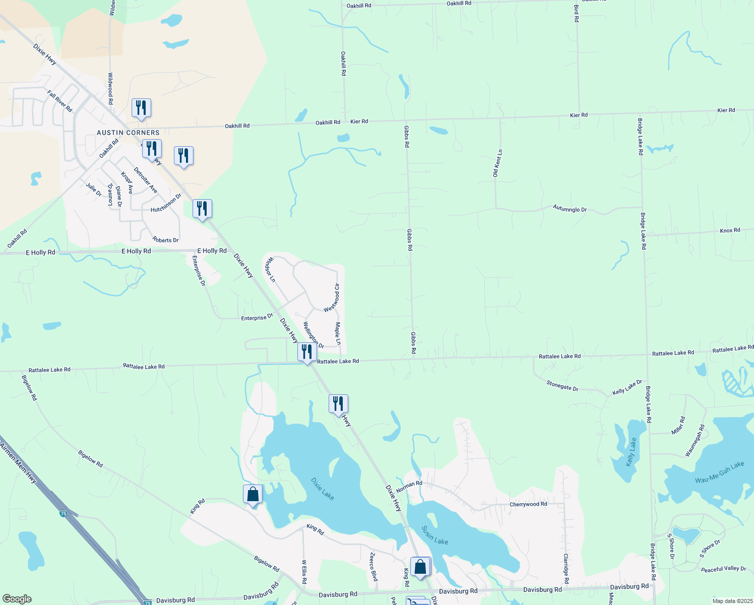 map of restaurants, bars, coffee shops, grocery stores, and more near 9980 Pony Ln in Clarkston