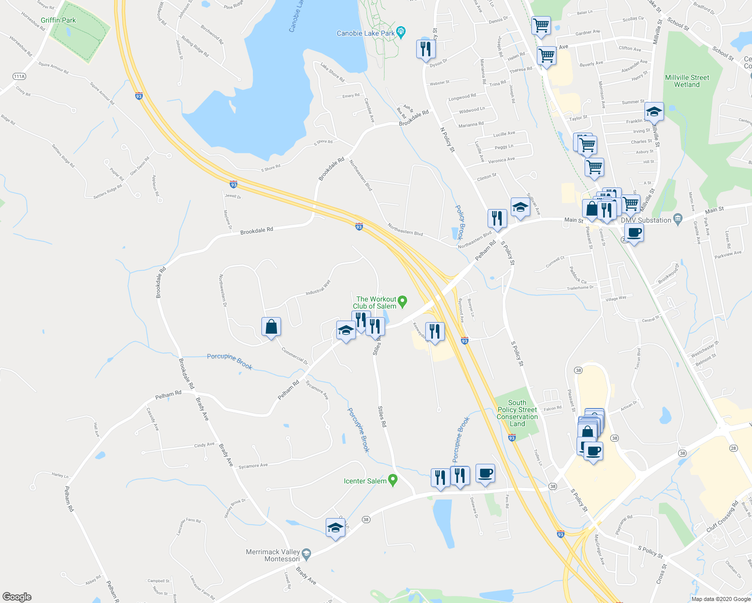 map of restaurants, bars, coffee shops, grocery stores, and more near 1 Manor Parkway in Salem