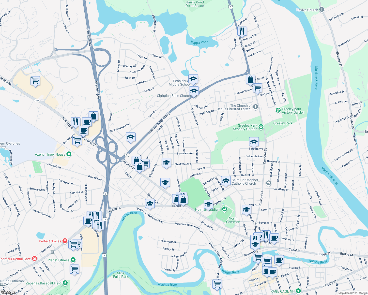 map of restaurants, bars, coffee shops, grocery stores, and more near 15 Hooker St in Nashua