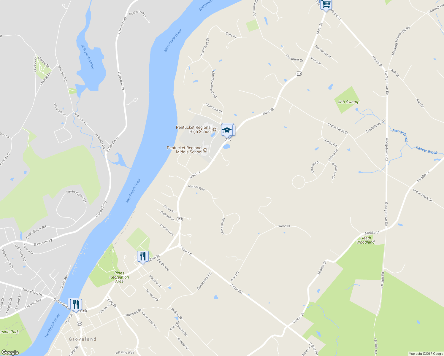 map of restaurants, bars, coffee shops, grocery stores, and more near 8 Main Street in Groveland