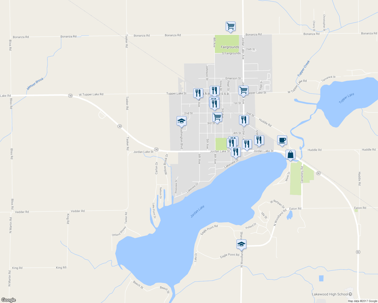 map of restaurants, bars, coffee shops, grocery stores, and more near 650 Jordan Lake Street in Lake Odessa