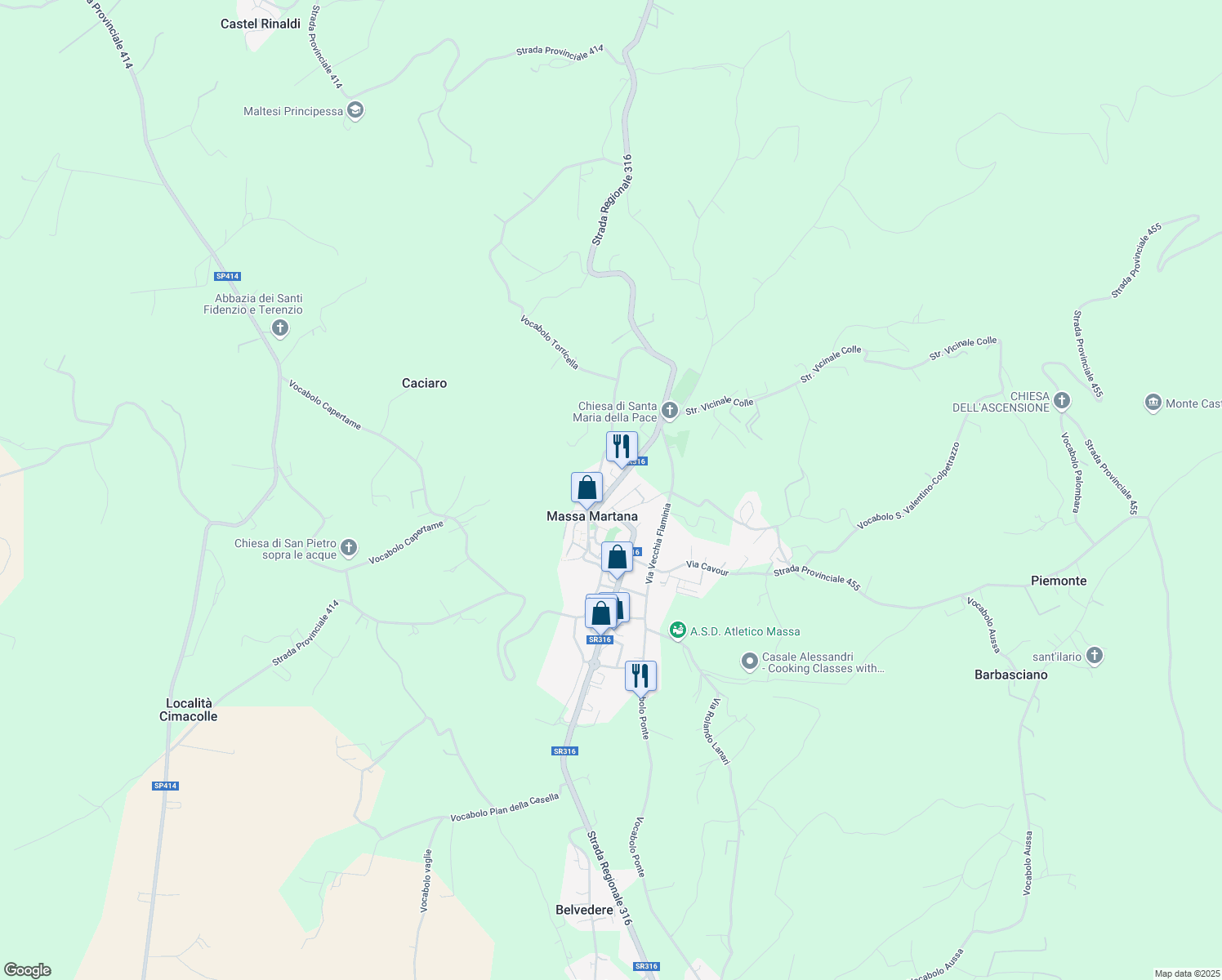 map of restaurants, bars, coffee shops, grocery stores, and more near 1 Via XXV Aprile in Massa Martana