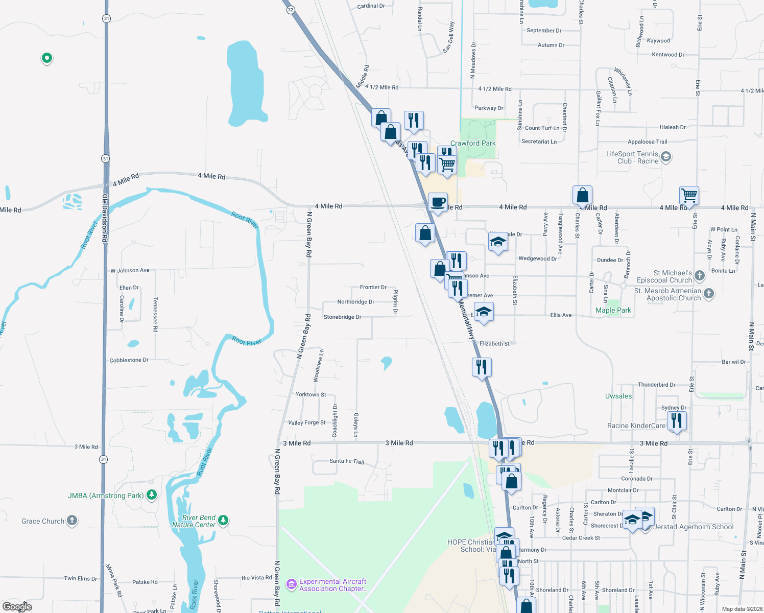 map of restaurants, bars, coffee shops, grocery stores, and more near 2729 Northbridge Drive in Racine
