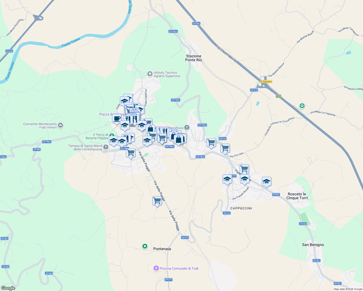 map of restaurants, bars, coffee shops, grocery stores, and more near 47 Via Angelo Cortesi in Todi