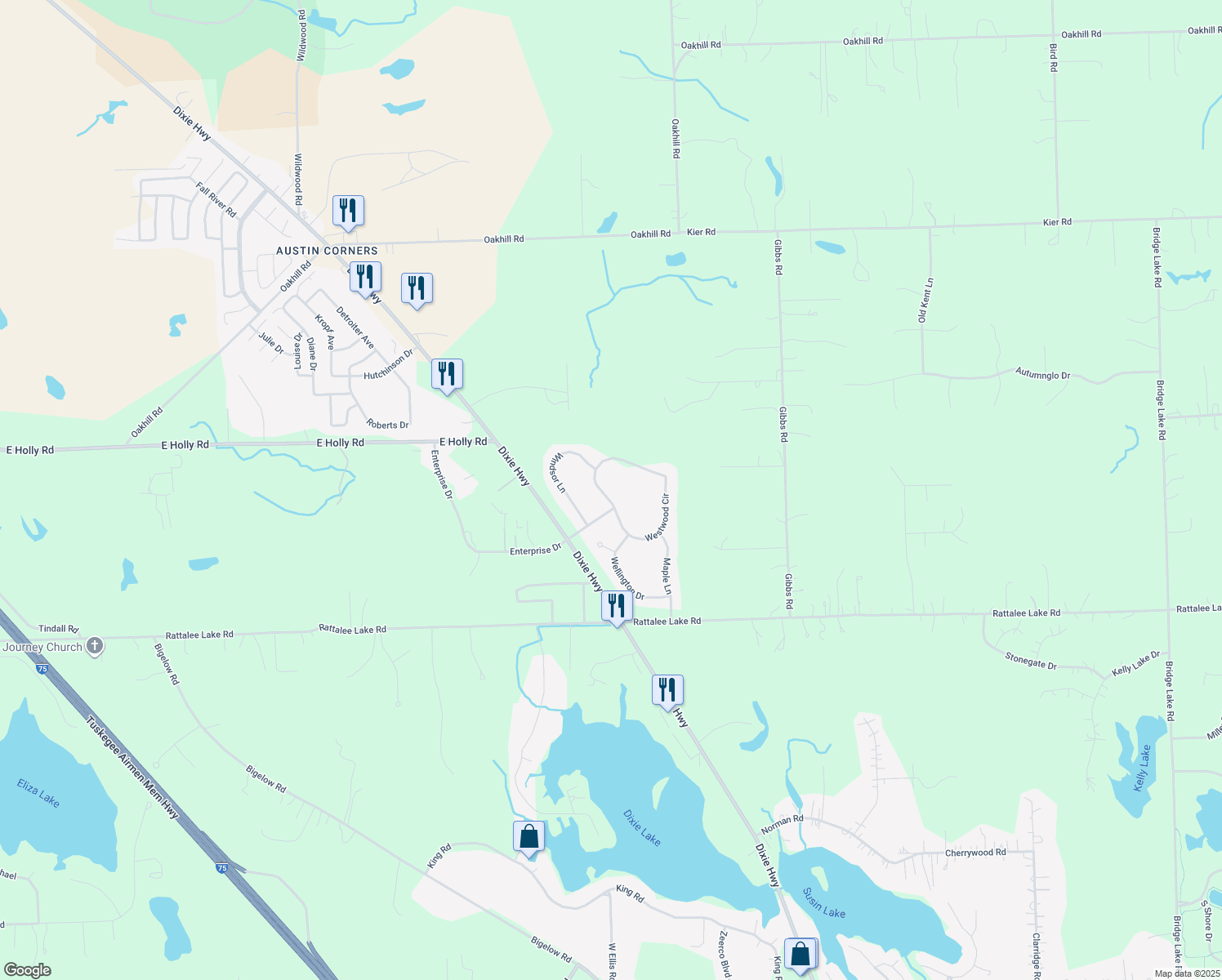 map of restaurants, bars, coffee shops, grocery stores, and more near 9897 Westwood Cir in Clarkston