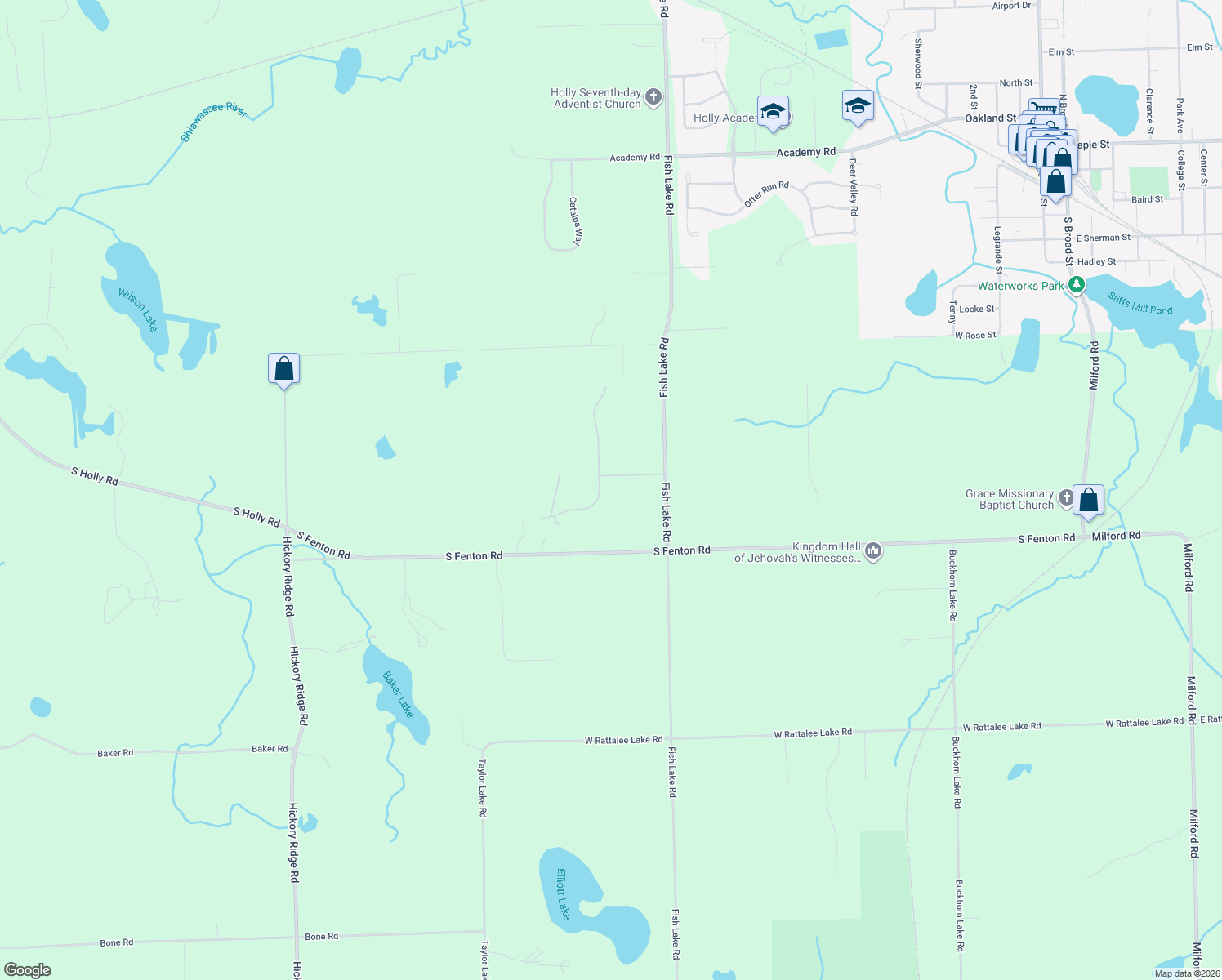 map of restaurants, bars, coffee shops, grocery stores, and more near 2452 Holly Heights Rd in Holly