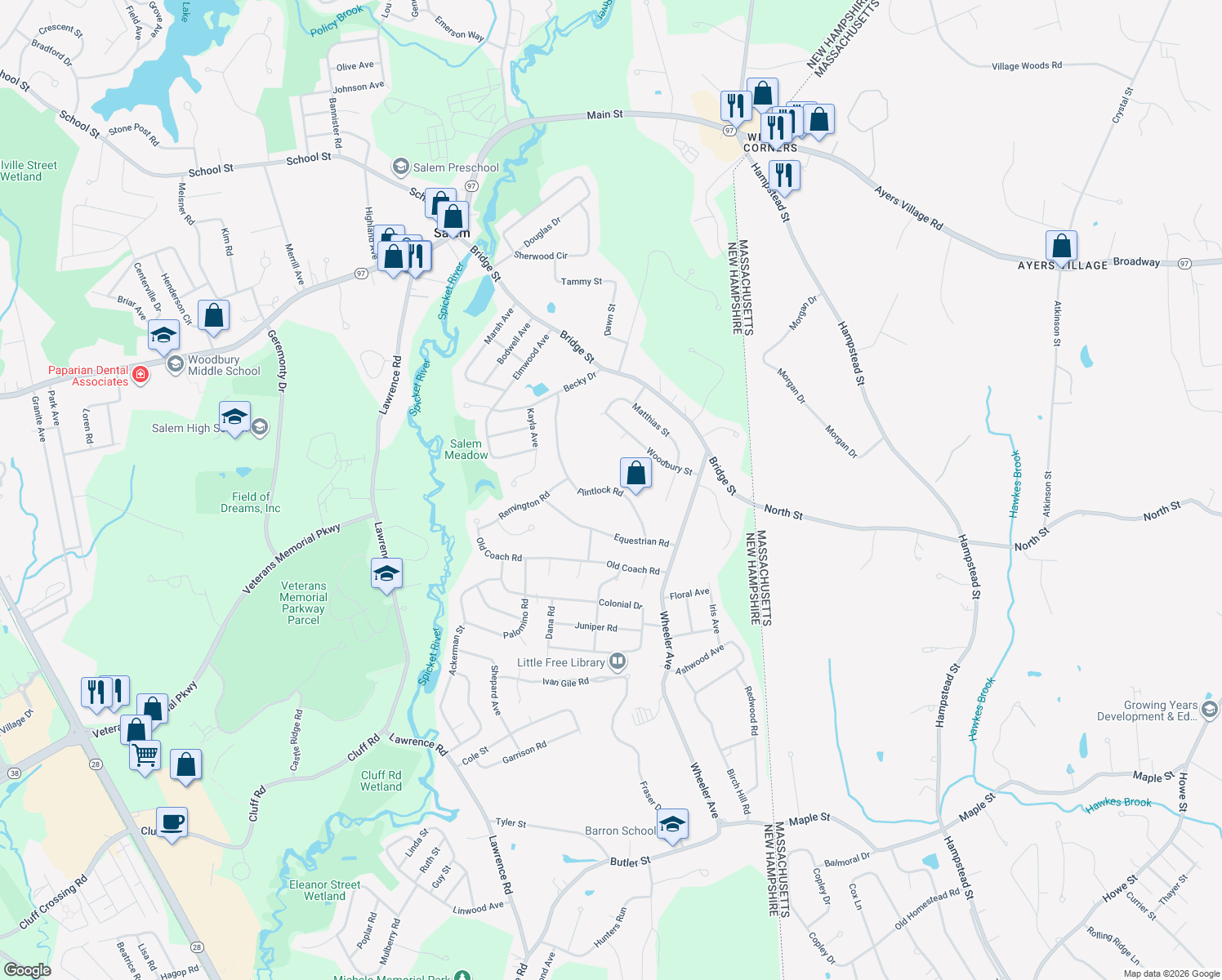 map of restaurants, bars, coffee shops, grocery stores, and more near 33 Flintlock Rd in Salem