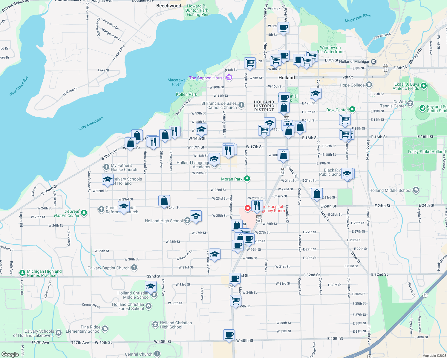 map of restaurants, bars, coffee shops, grocery stores, and more near 235 W 21st St in Holland