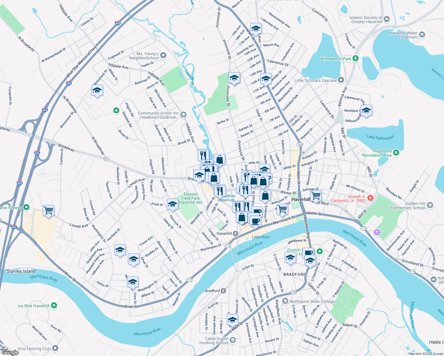 map of restaurants, bars, coffee shops, grocery stores, and more near 30 Stevens St in Haverhill