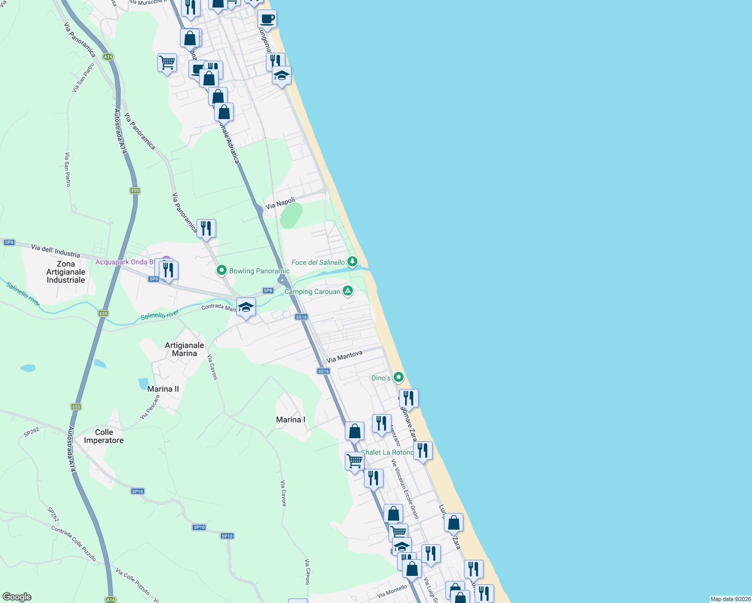 map of restaurants, bars, coffee shops, grocery stores, and more near 35 Via Riva del Sole in Giulianova