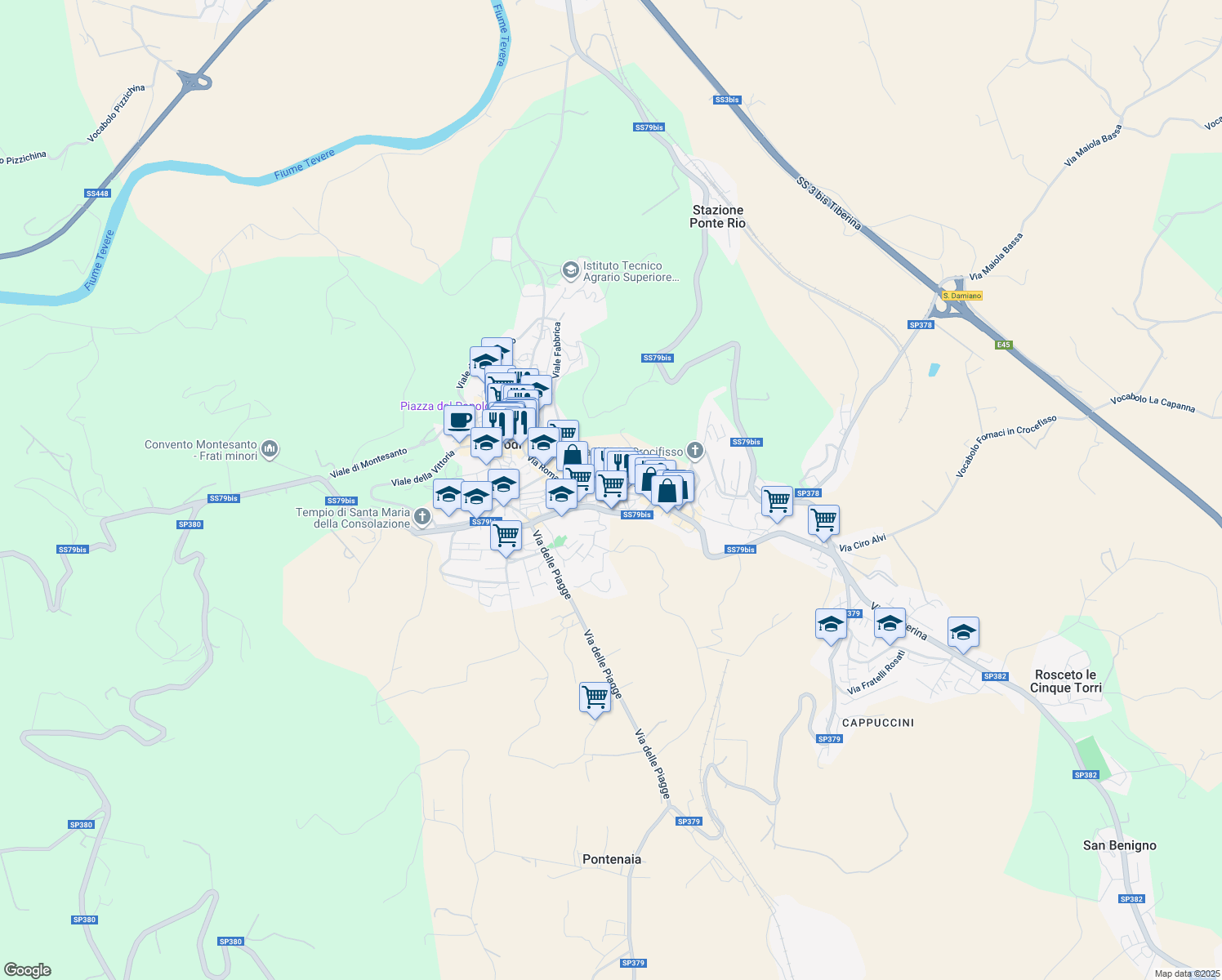 map of restaurants, bars, coffee shops, grocery stores, and more near 115 Via Giacomo Matteotti in Todi