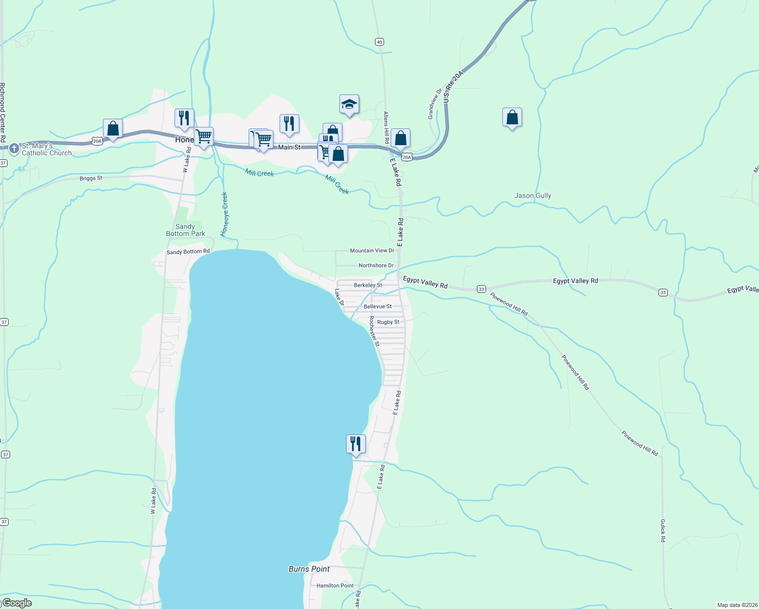 map of restaurants, bars, coffee shops, grocery stores, and more near 8488 Bellevue Street in Honeoye