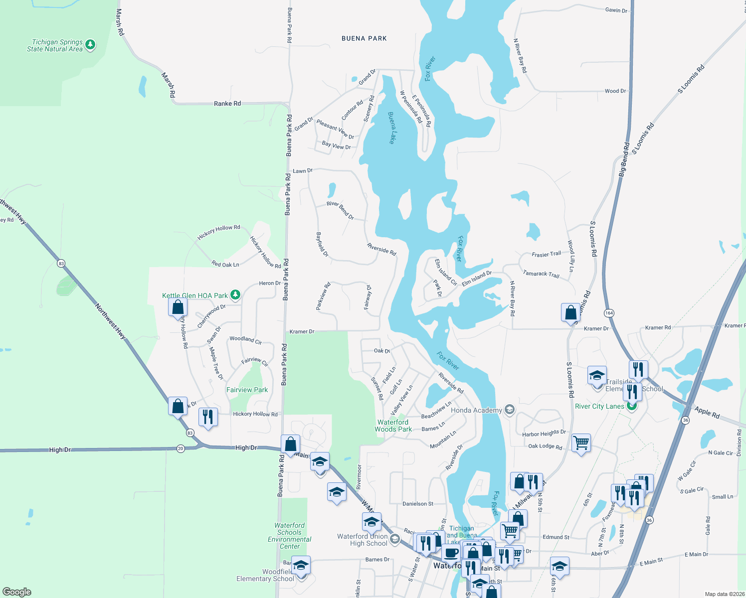 map of restaurants, bars, coffee shops, grocery stores, and more near 4753 Fairway Drive in Waterford