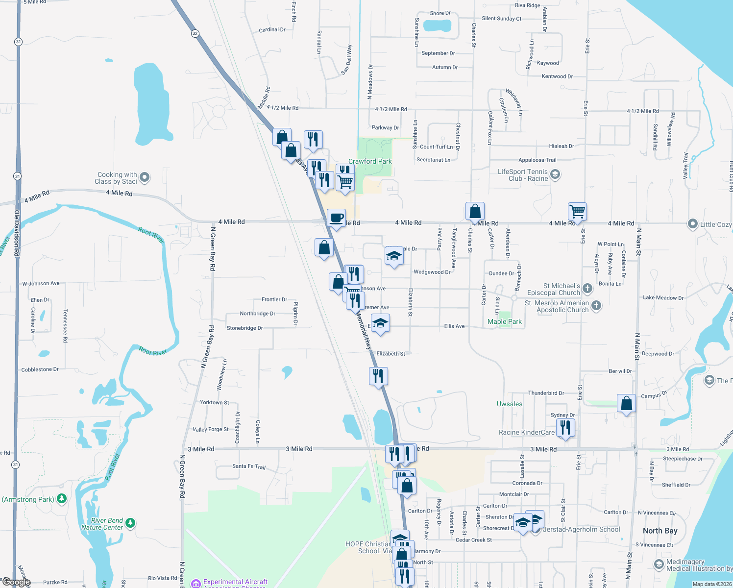 map of restaurants, bars, coffee shops, grocery stores, and more near 1917 Johnson Avenue in Racine