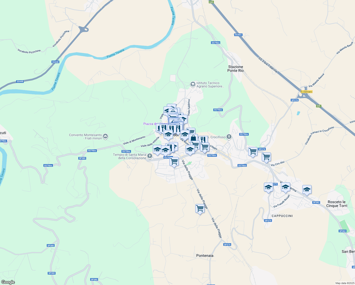 map of restaurants, bars, coffee shops, grocery stores, and more near 23 Via Lorenzo Leoni in Todi