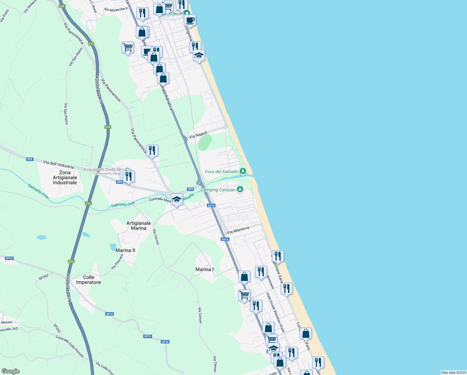 map of restaurants, bars, coffee shops, grocery stores, and more near 57 Via Riva del Sole in Giulianova
