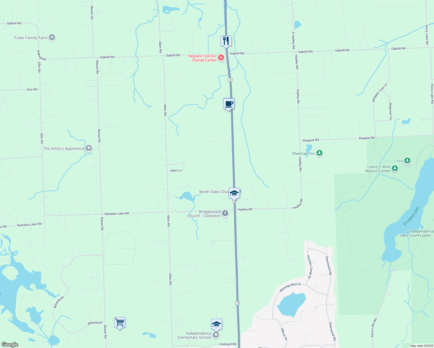 map of restaurants, bars, coffee shops, grocery stores, and more near 9741 Ortonville Road in Clarkston