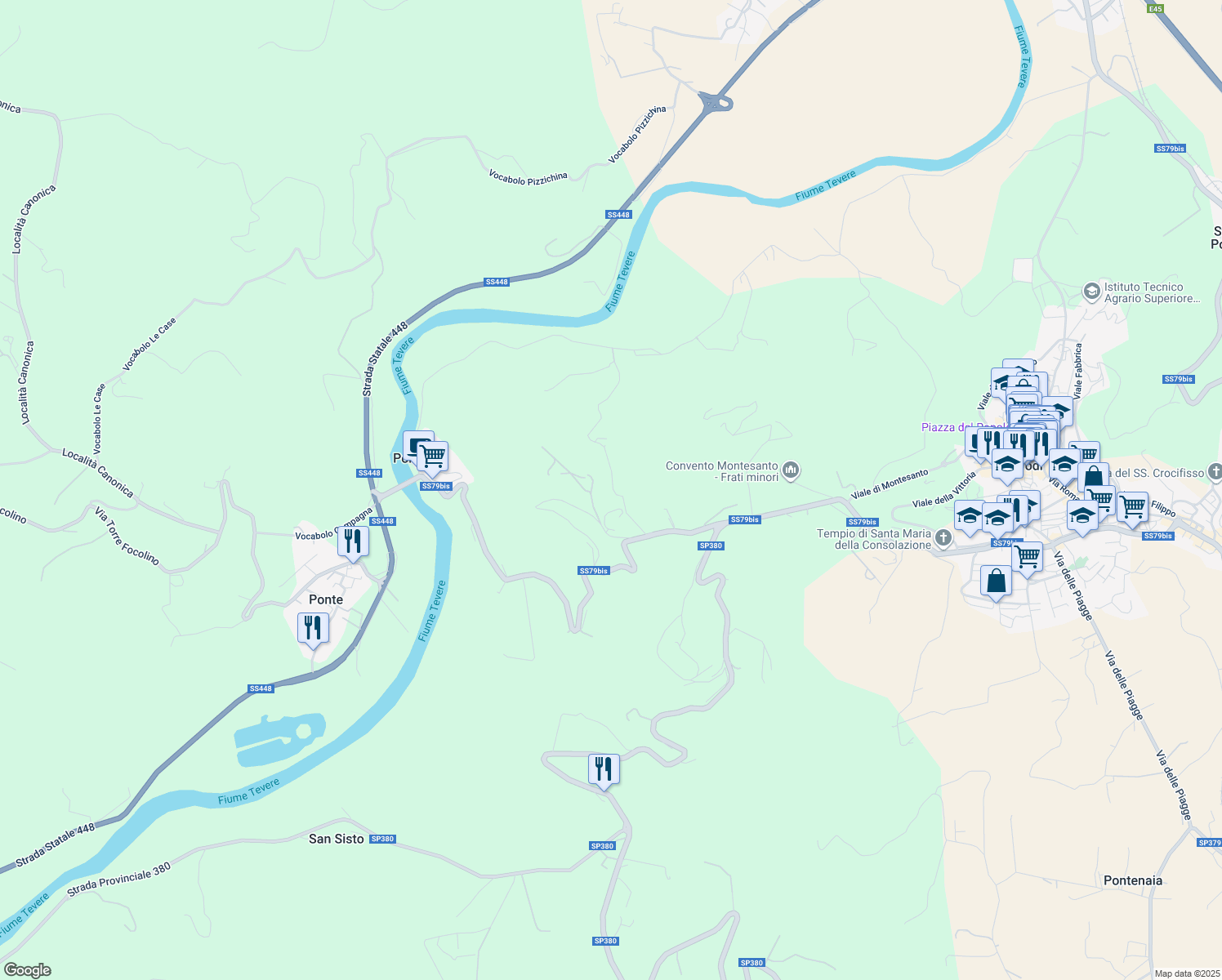 map of restaurants, bars, coffee shops, grocery stores, and more near 50 Vocabolo Belvedere in Provincia di Perugia