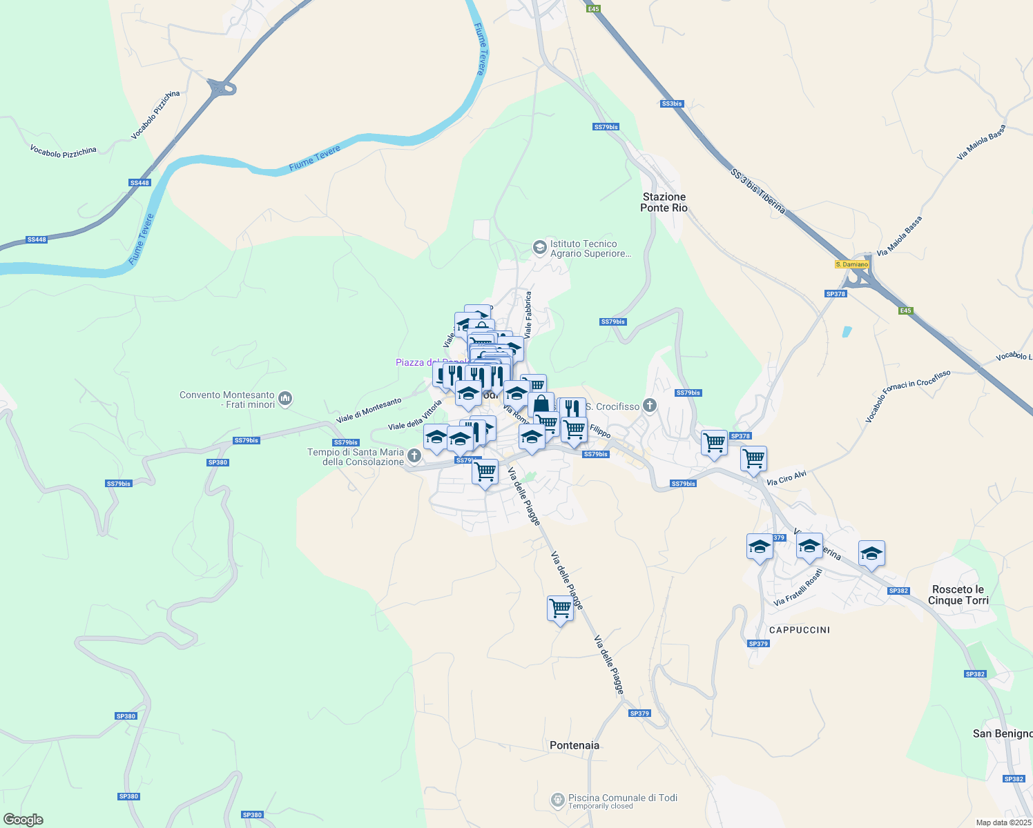 map of restaurants, bars, coffee shops, grocery stores, and more near 11 Via SS. Filippo e Giacomo in Todi