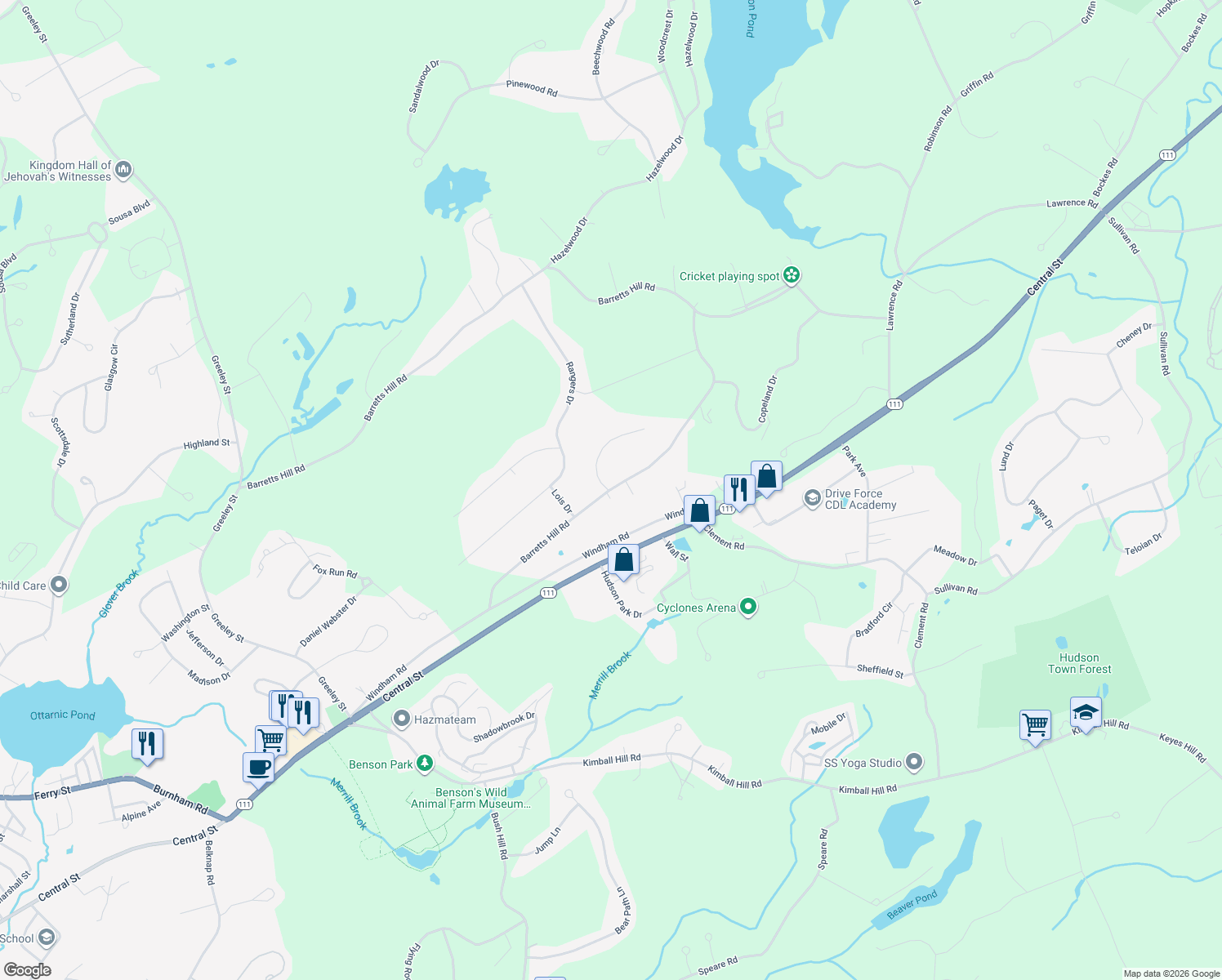 map of restaurants, bars, coffee shops, grocery stores, and more near 116 Barretts Hill Rd in Hudson