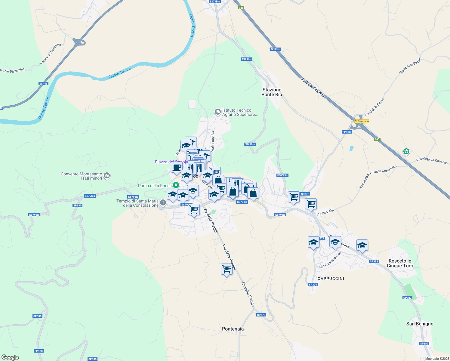 map of restaurants, bars, coffee shops, grocery stores, and more near Viale San Filippo in Todi