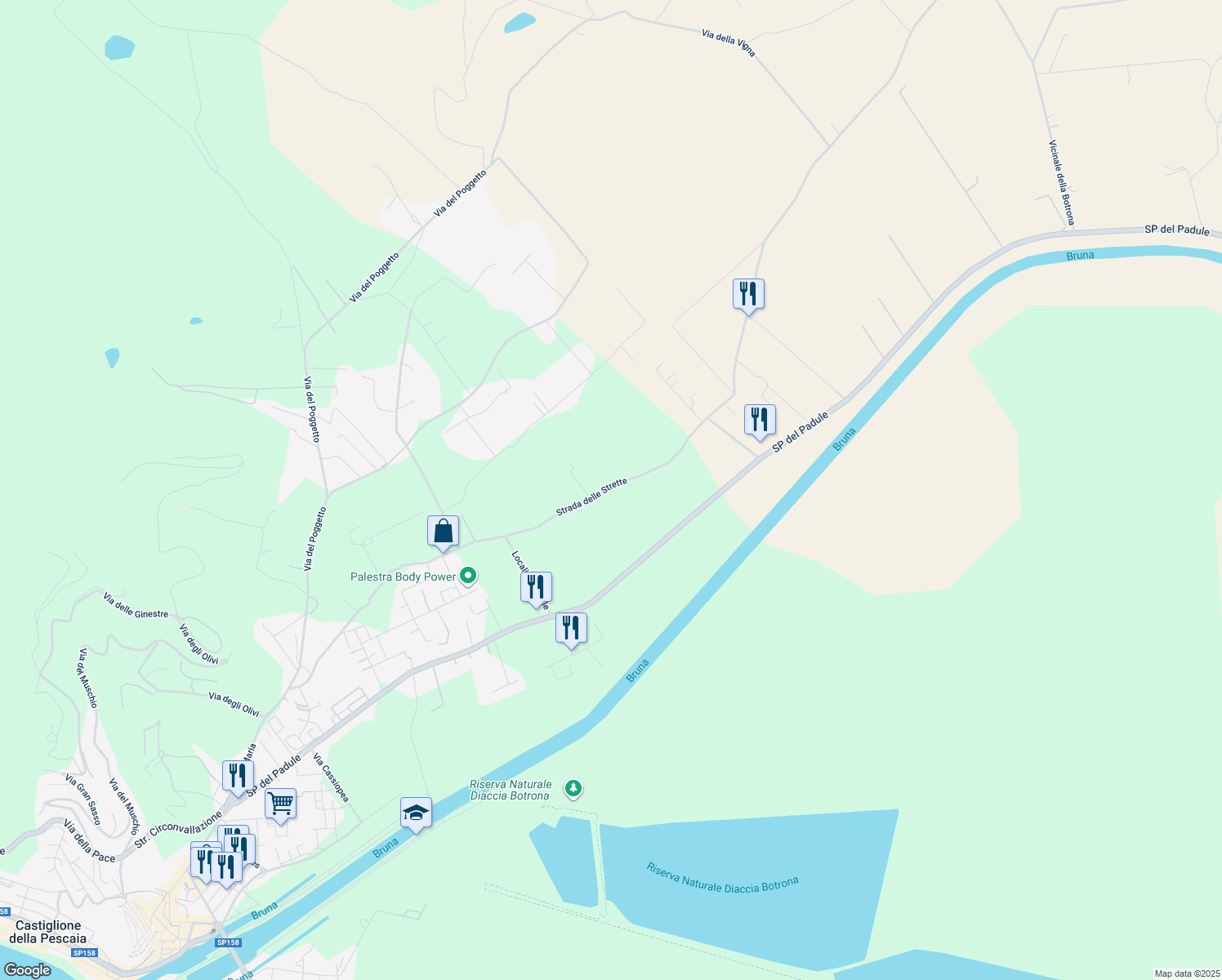 map of restaurants, bars, coffee shops, grocery stores, and more near in Province of Grosseto