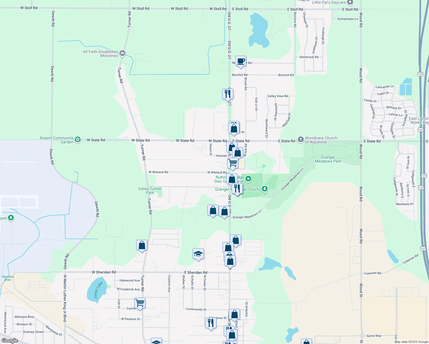 map of restaurants, bars, coffee shops, grocery stores, and more near 1116 West Wieland Road in Lansing