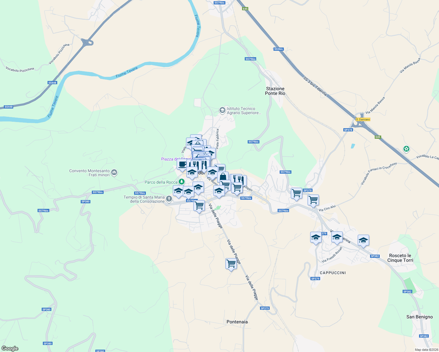 map of restaurants, bars, coffee shops, grocery stores, and more near Viale San Filippo in Todi