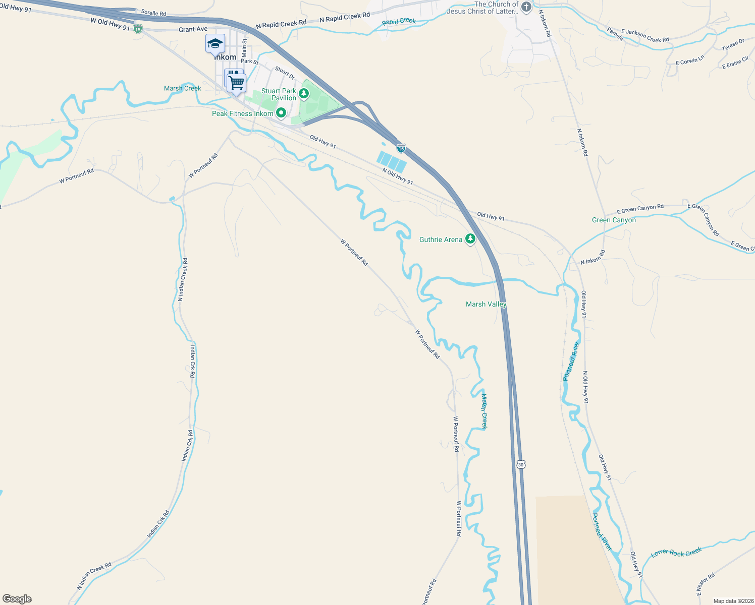 map of restaurants, bars, coffee shops, grocery stores, and more near 1043 North Marsh Creek Road in McCammon