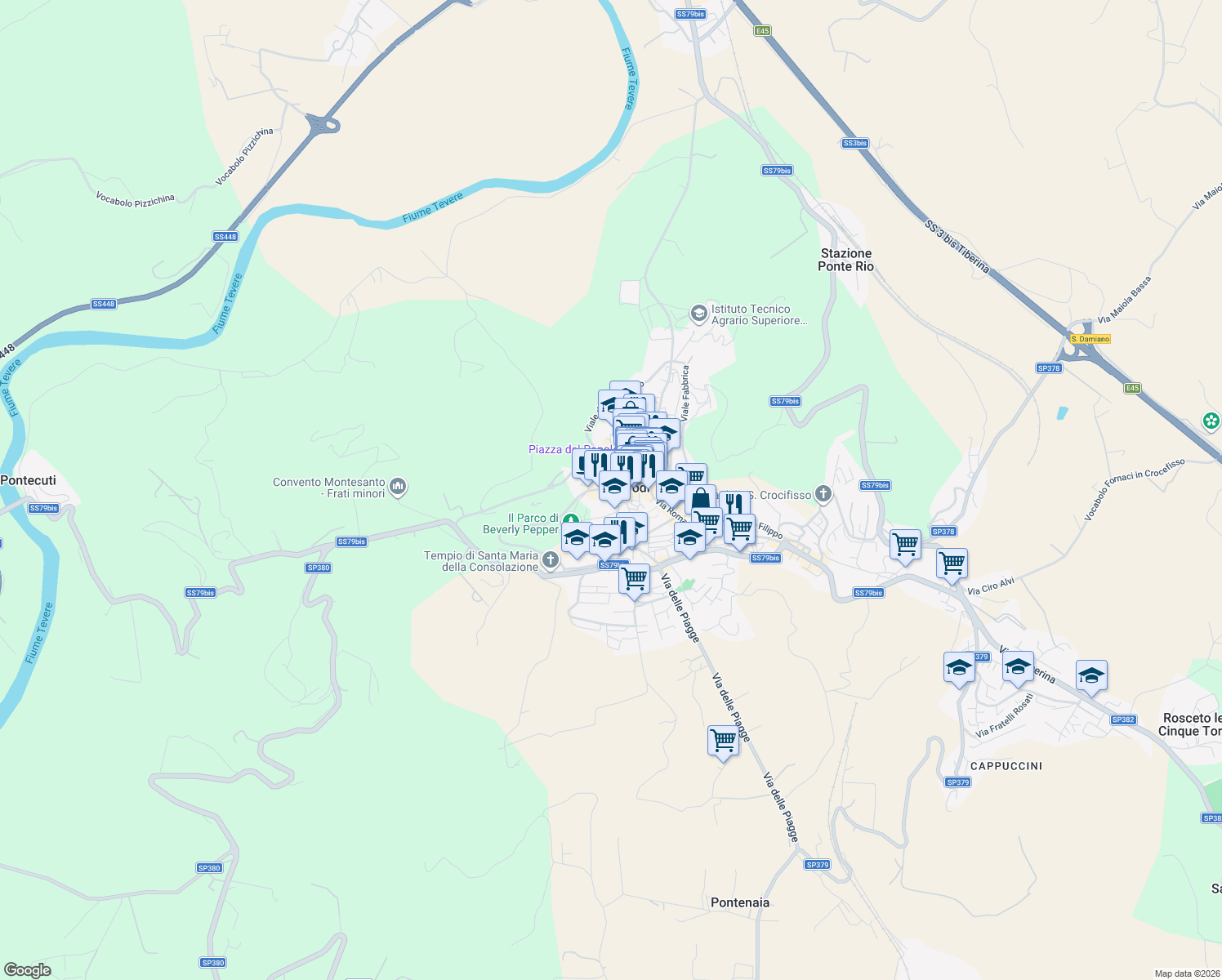 map of restaurants, bars, coffee shops, grocery stores, and more near 18 Via Mura Etrusche in Todi