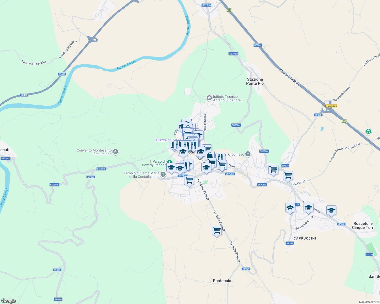 map of restaurants, bars, coffee shops, grocery stores, and more near in Todi