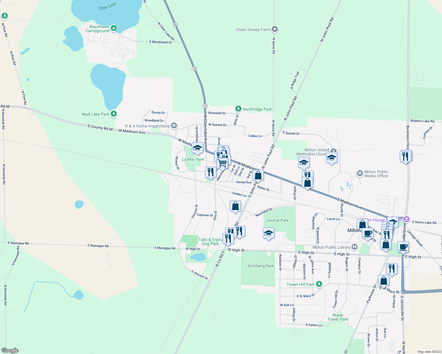 map of restaurants, bars, coffee shops, grocery stores, and more near 202 Merchant Row in Milton