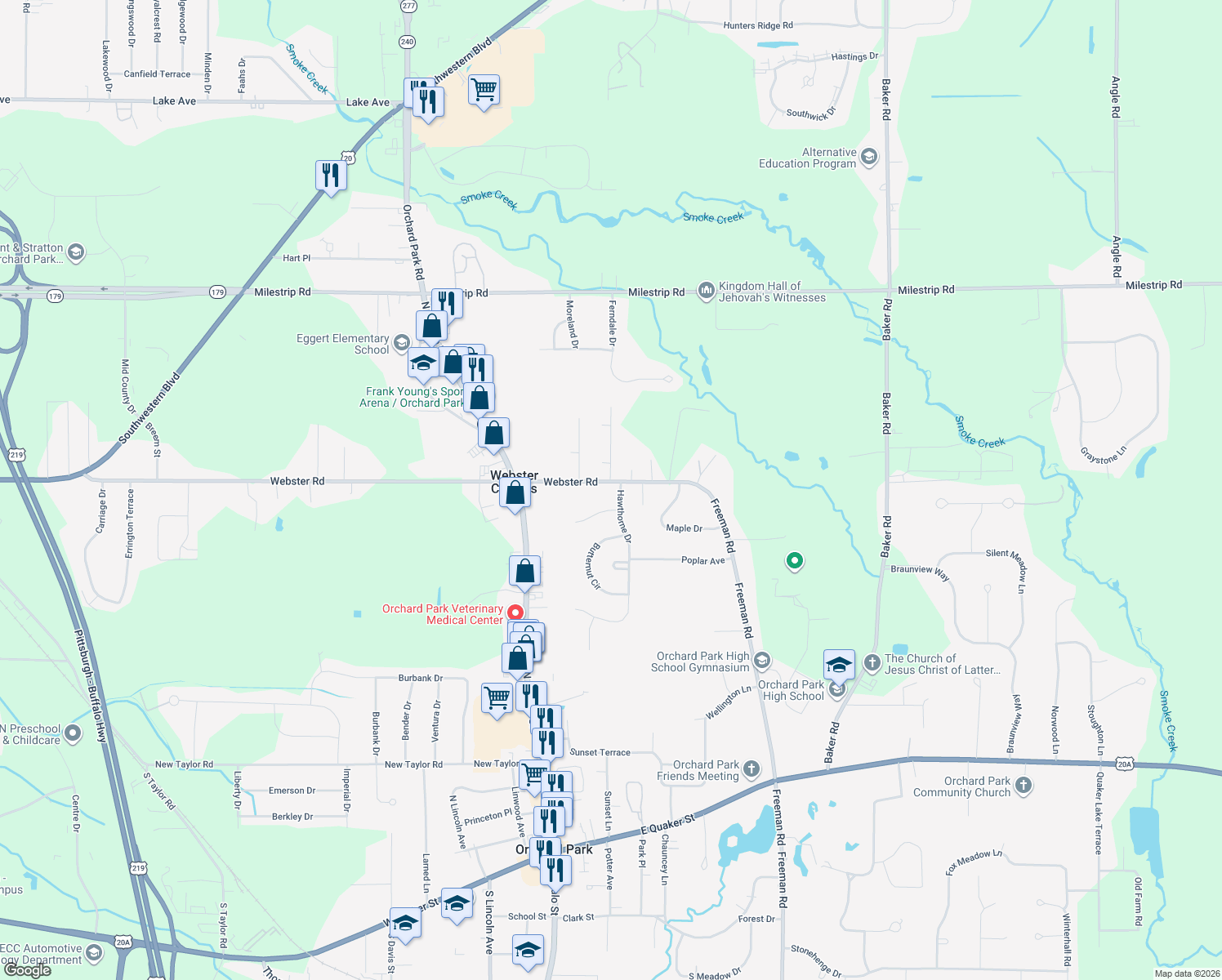map of restaurants, bars, coffee shops, grocery stores, and more near 6783 Webster Rd in Orchard Park