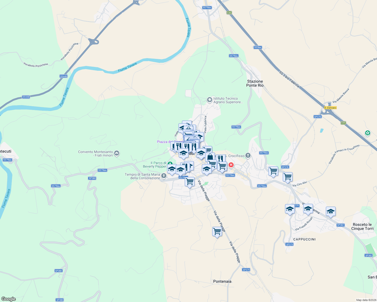 map of restaurants, bars, coffee shops, grocery stores, and more near in Todi