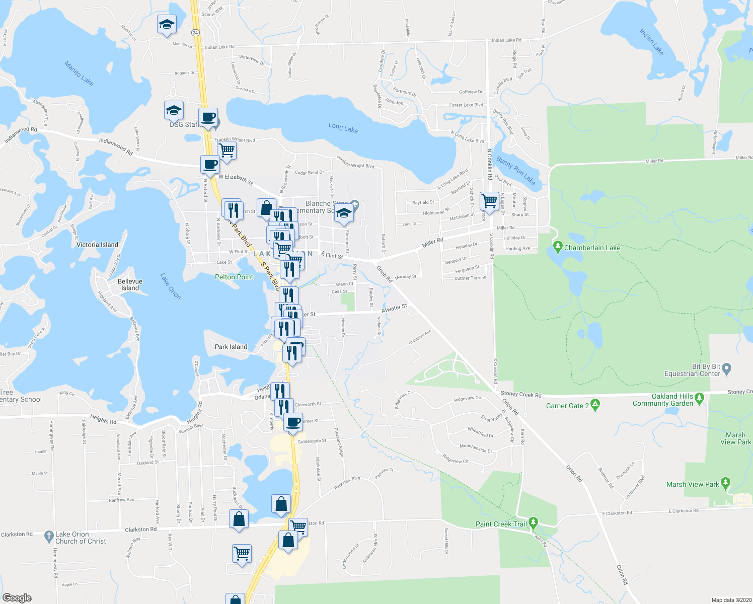 map of restaurants, bars, coffee shops, grocery stores, and more near 577 Bagley Street in Orion charter Township