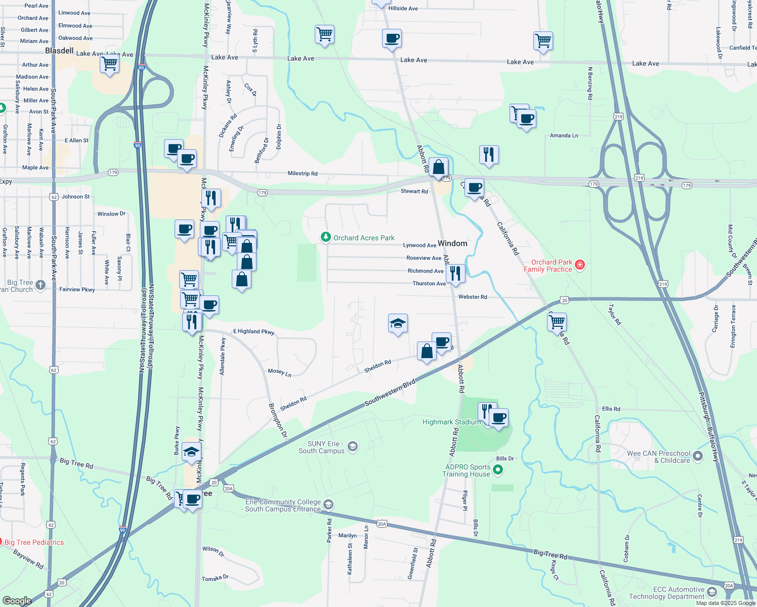 map of restaurants, bars, coffee shops, grocery stores, and more near 3767 Lynn Dr in Orchard Park