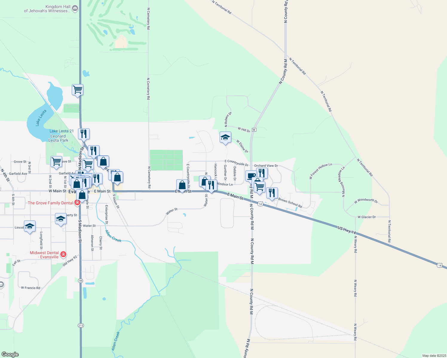 map of restaurants, bars, coffee shops, grocery stores, and more near 51 Gunther Dr in Evansville