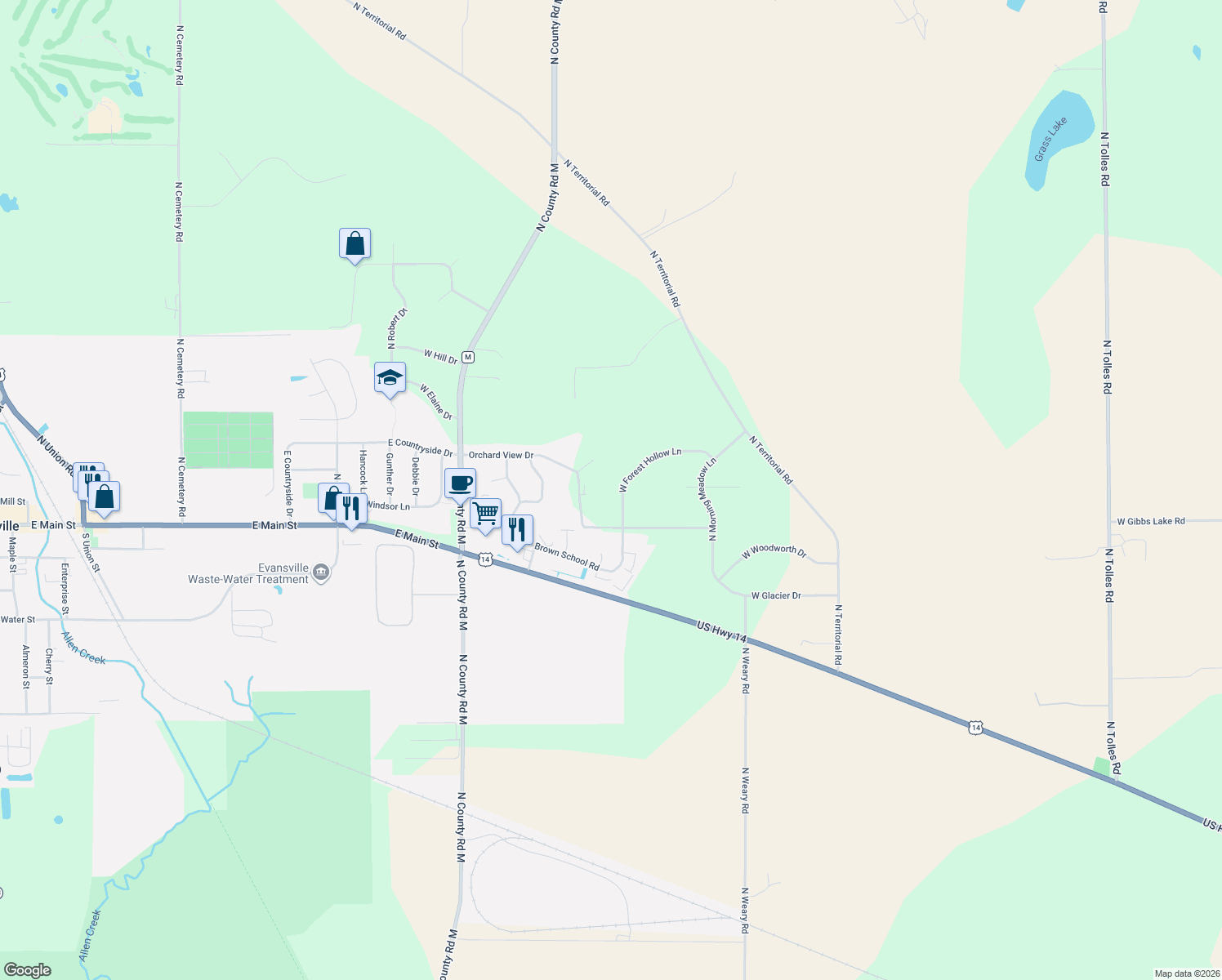 map of restaurants, bars, coffee shops, grocery stores, and more near 13376 W Forest Hollow Ln in Evansville