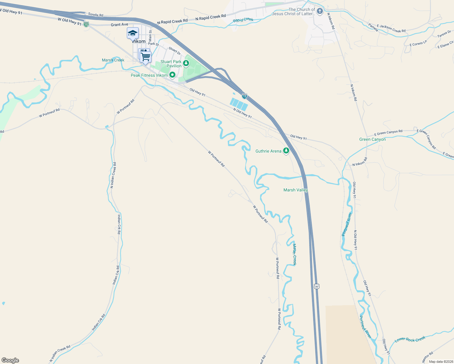 map of restaurants, bars, coffee shops, grocery stores, and more near 1043 North Marsh Creek Road in McCammon