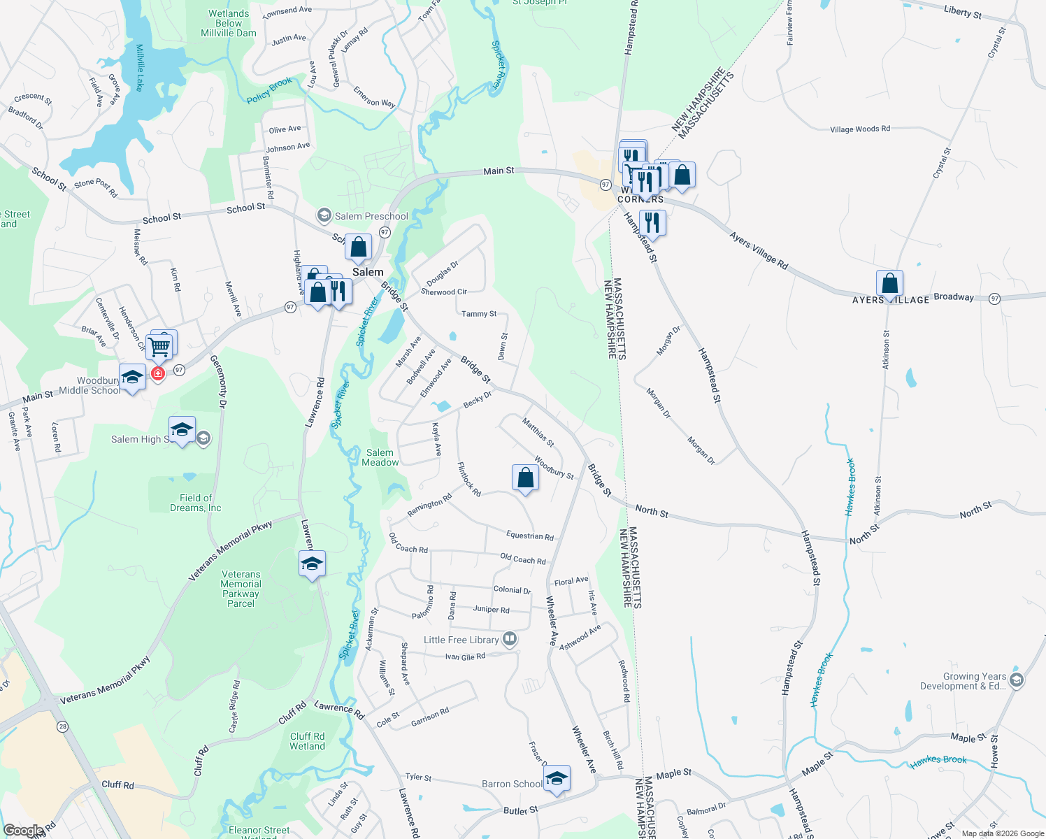 map of restaurants, bars, coffee shops, grocery stores, and more near 41 Matthias Street in Salem