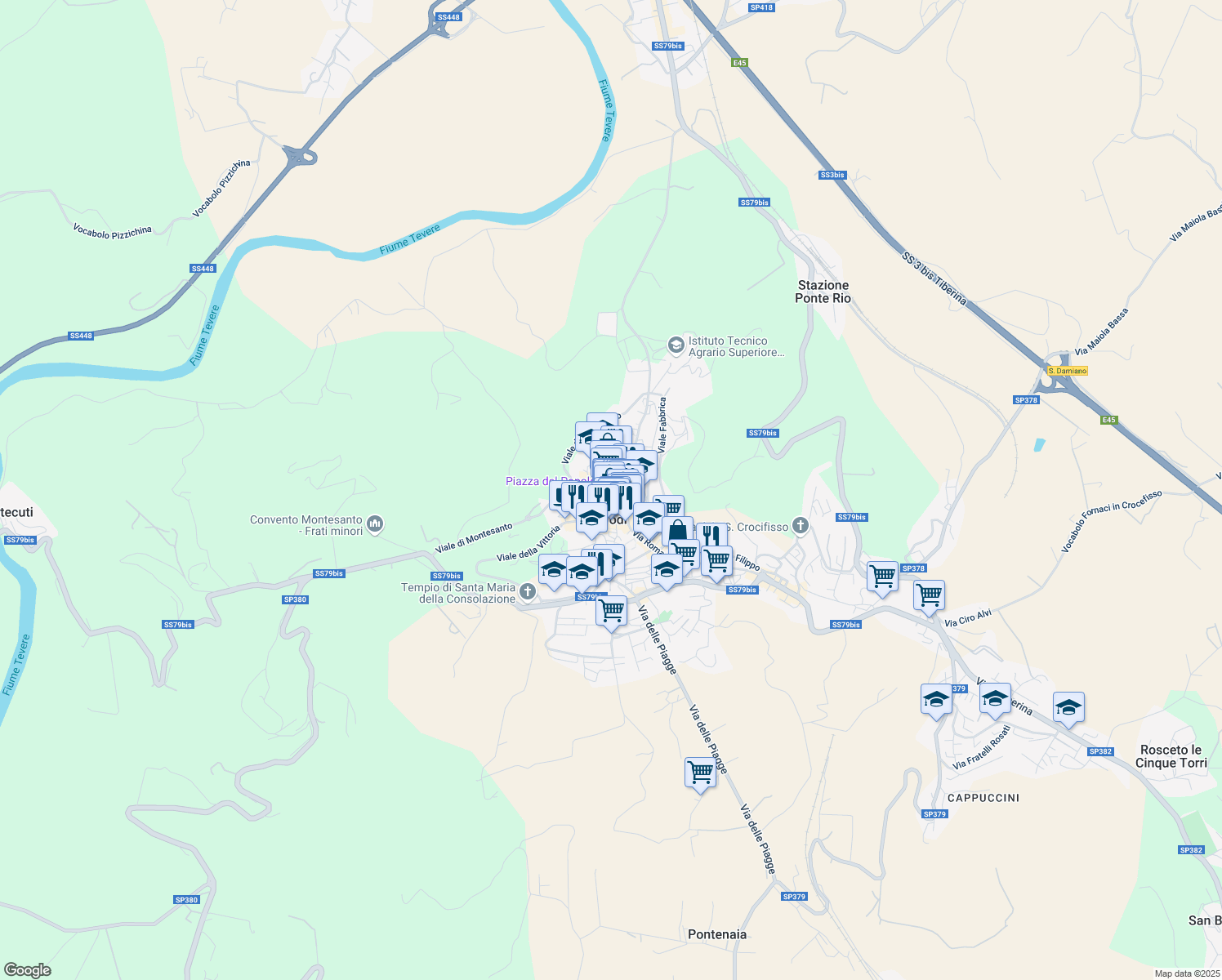 map of restaurants, bars, coffee shops, grocery stores, and more near in Todi