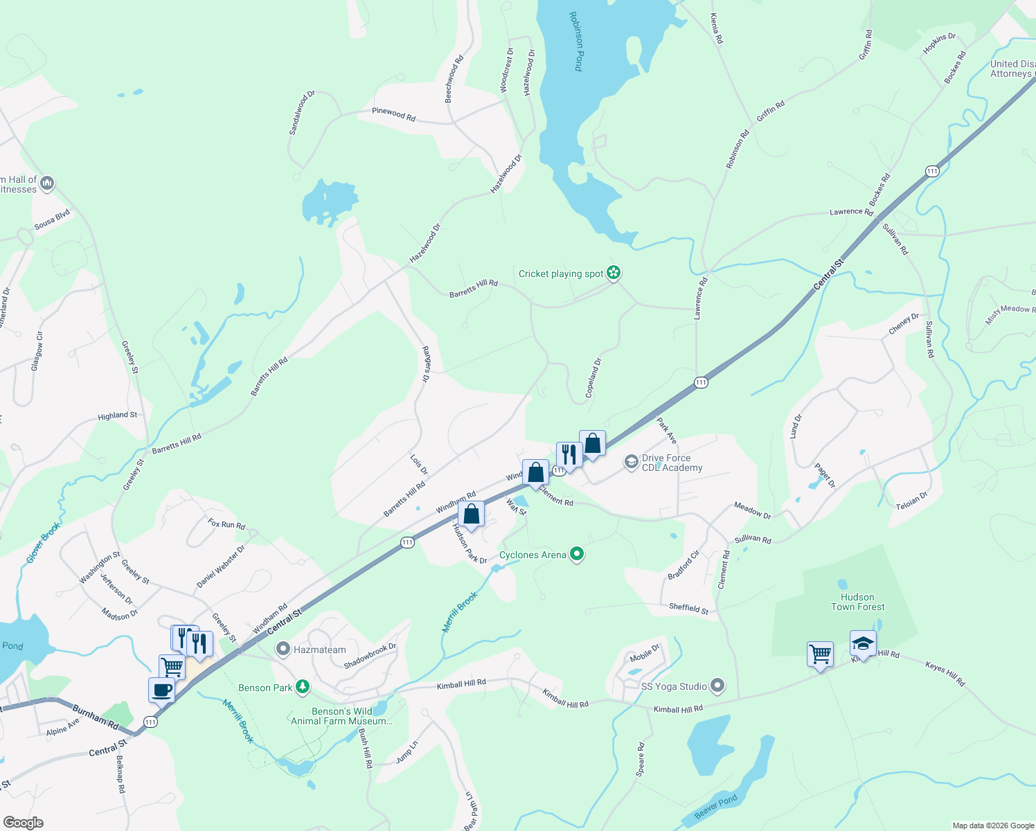 map of restaurants, bars, coffee shops, grocery stores, and more near 115 Barretts Hill Road in Hudson