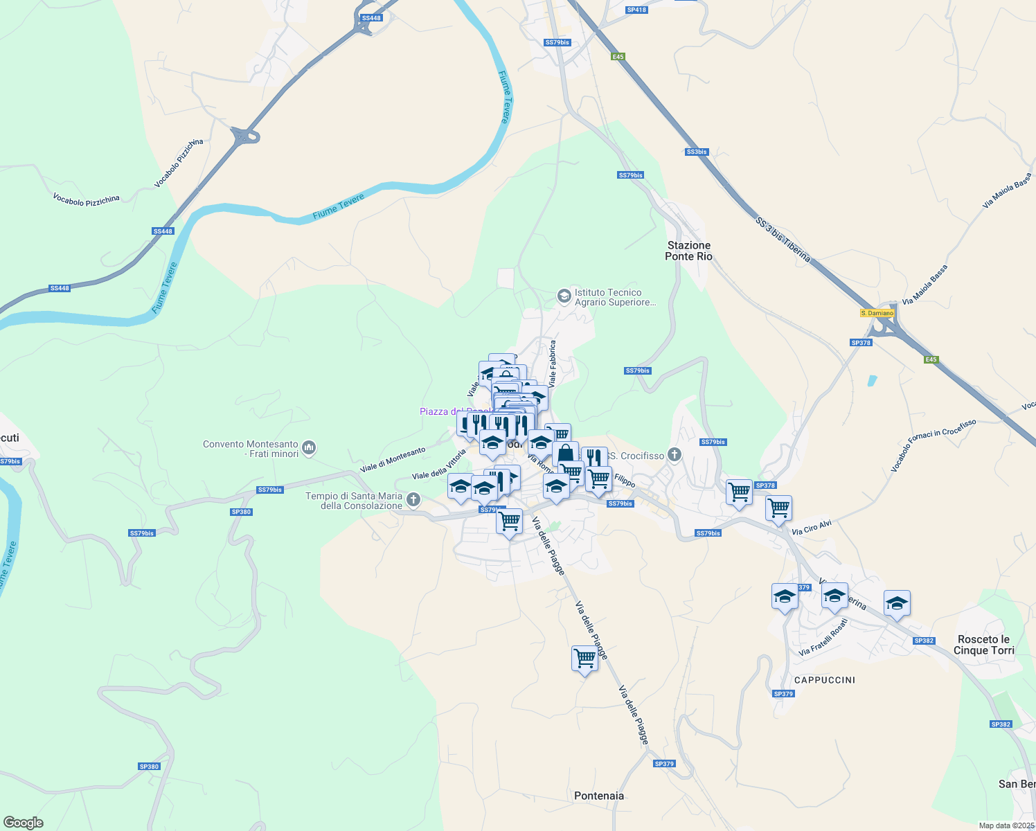 map of restaurants, bars, coffee shops, grocery stores, and more near Via San Bonaventura in Todi