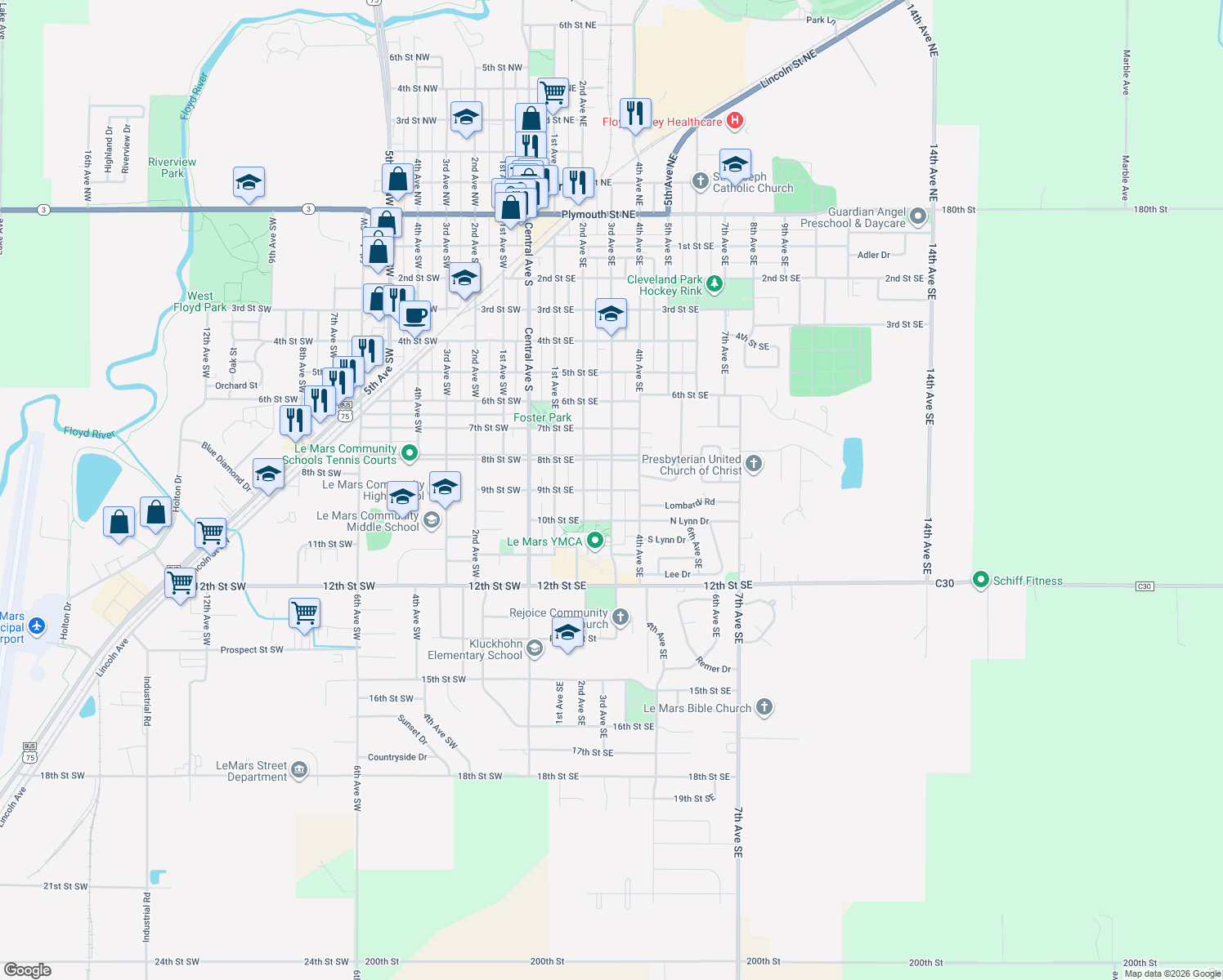 map of restaurants, bars, coffee shops, grocery stores, and more near 898 3rd Ave SE in Le Mars