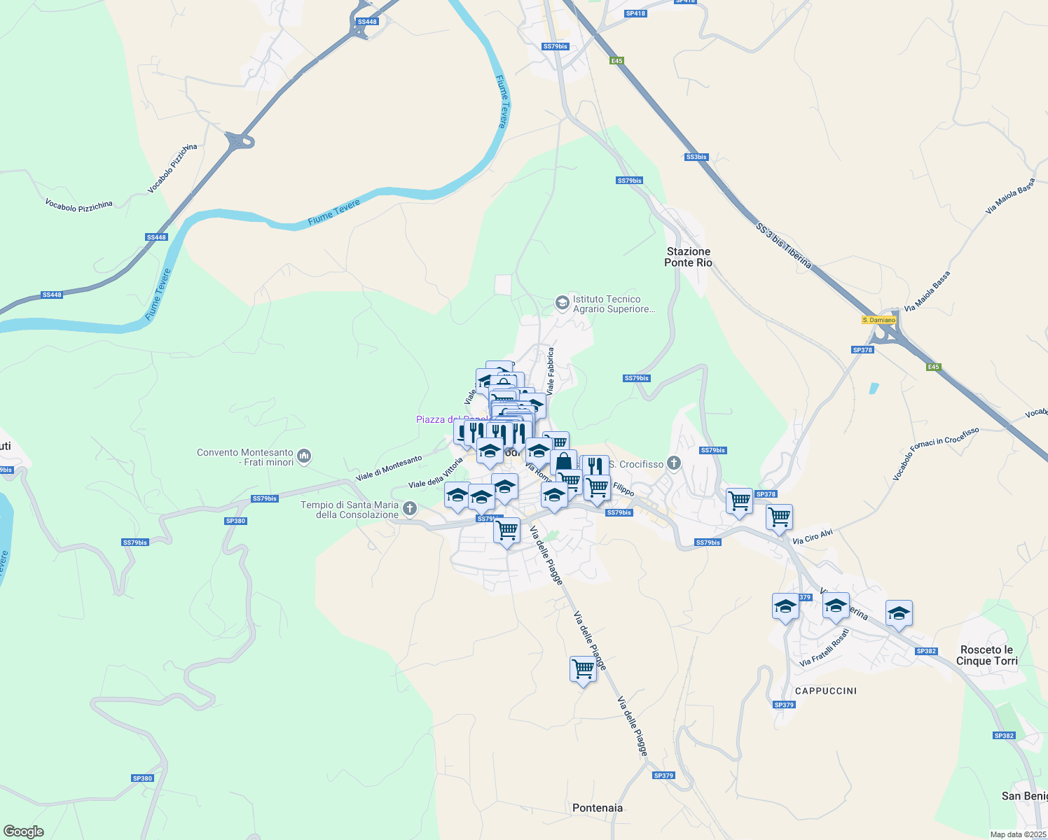 map of restaurants, bars, coffee shops, grocery stores, and more near Via Teatro Antico in Todi