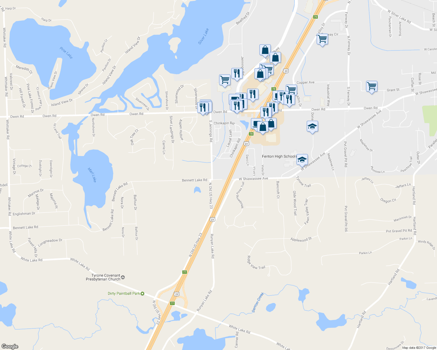 map of restaurants, bars, coffee shops, grocery stores, and more near 3560 West Shiawassee Avenue in Fenton