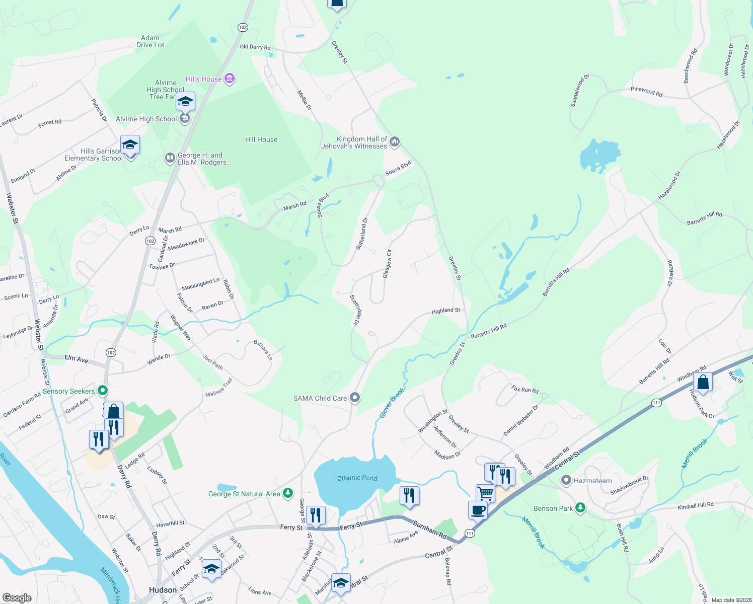 map of restaurants, bars, coffee shops, grocery stores, and more near 44 Glasgow Circle in Hudson